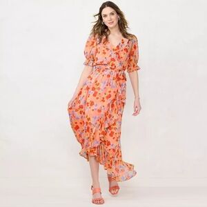 LC Lauren Conrad Ruffled Hem Wrap Maxi Dress Monet Floral Print Puff Sleeve XL